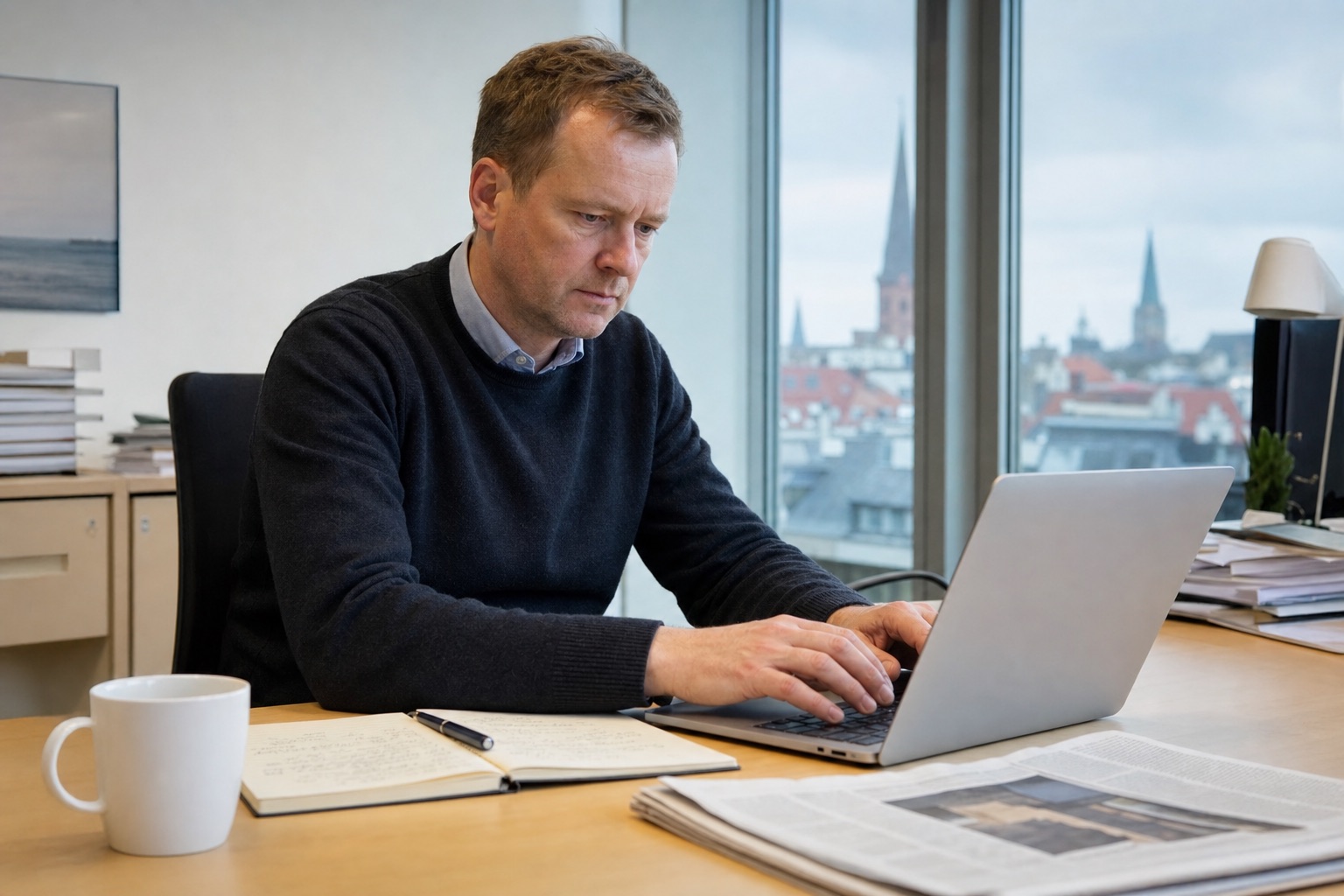Redakteur der Böhme-Zeitung am Schreibtisch bei der Arbeit