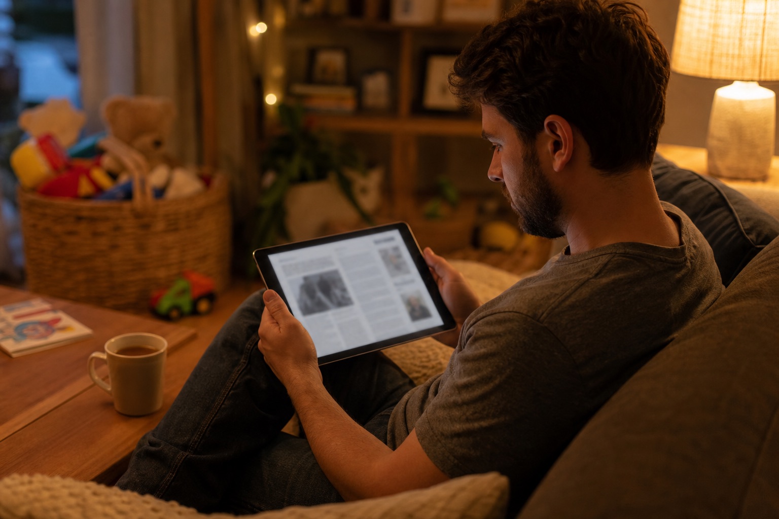 Elternteil liest abends das E-Paper auf dem Tablet