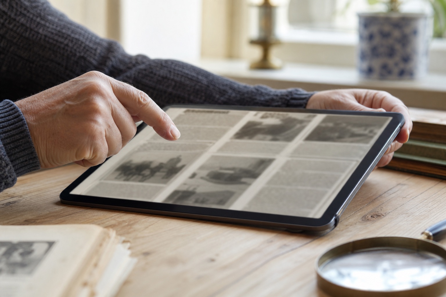 Hände blättern im digitalen Zeitungsarchiv