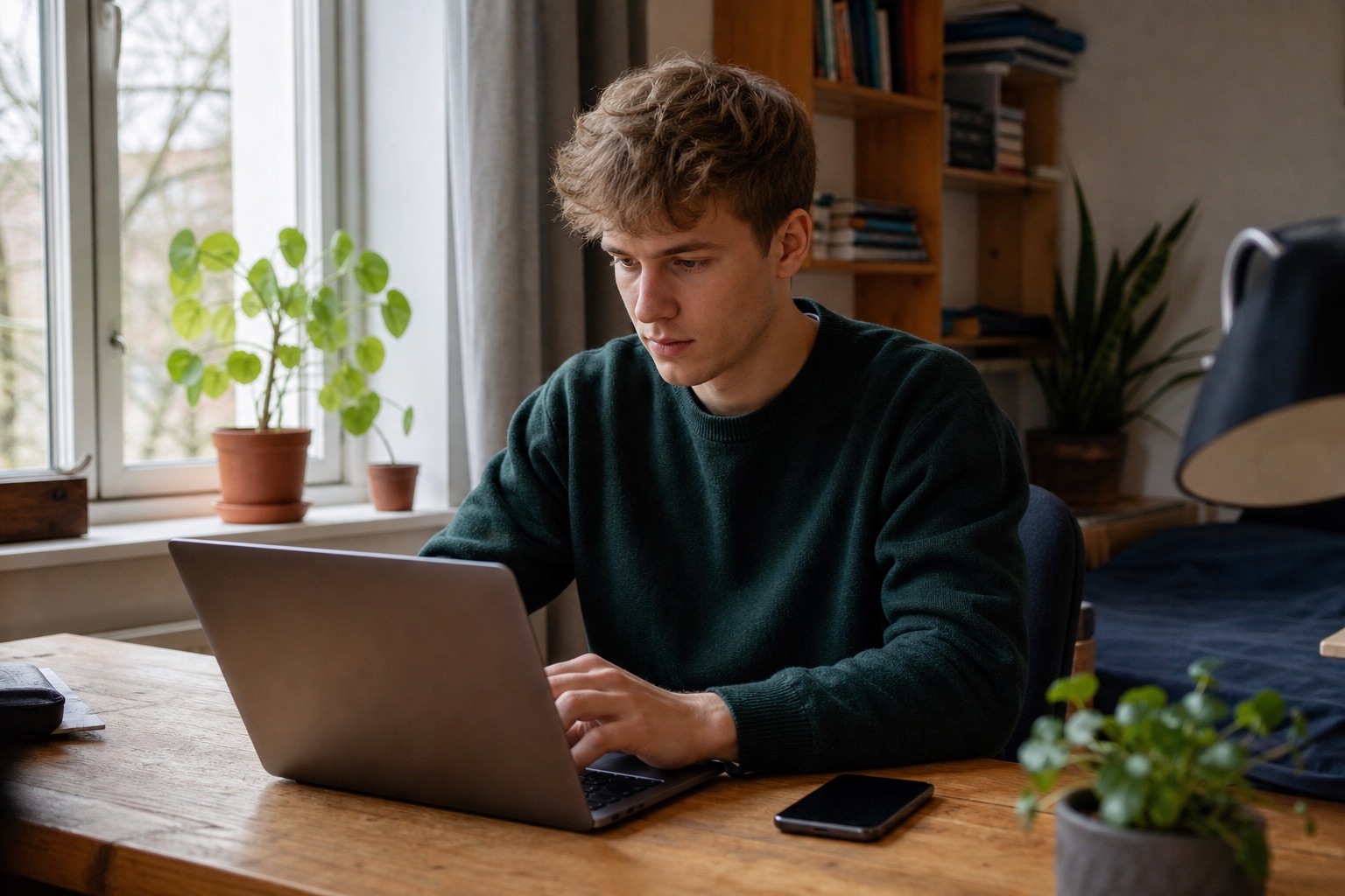 Junger Mann tippt konzentriert auf seinem Laptop in seinem Zimmer