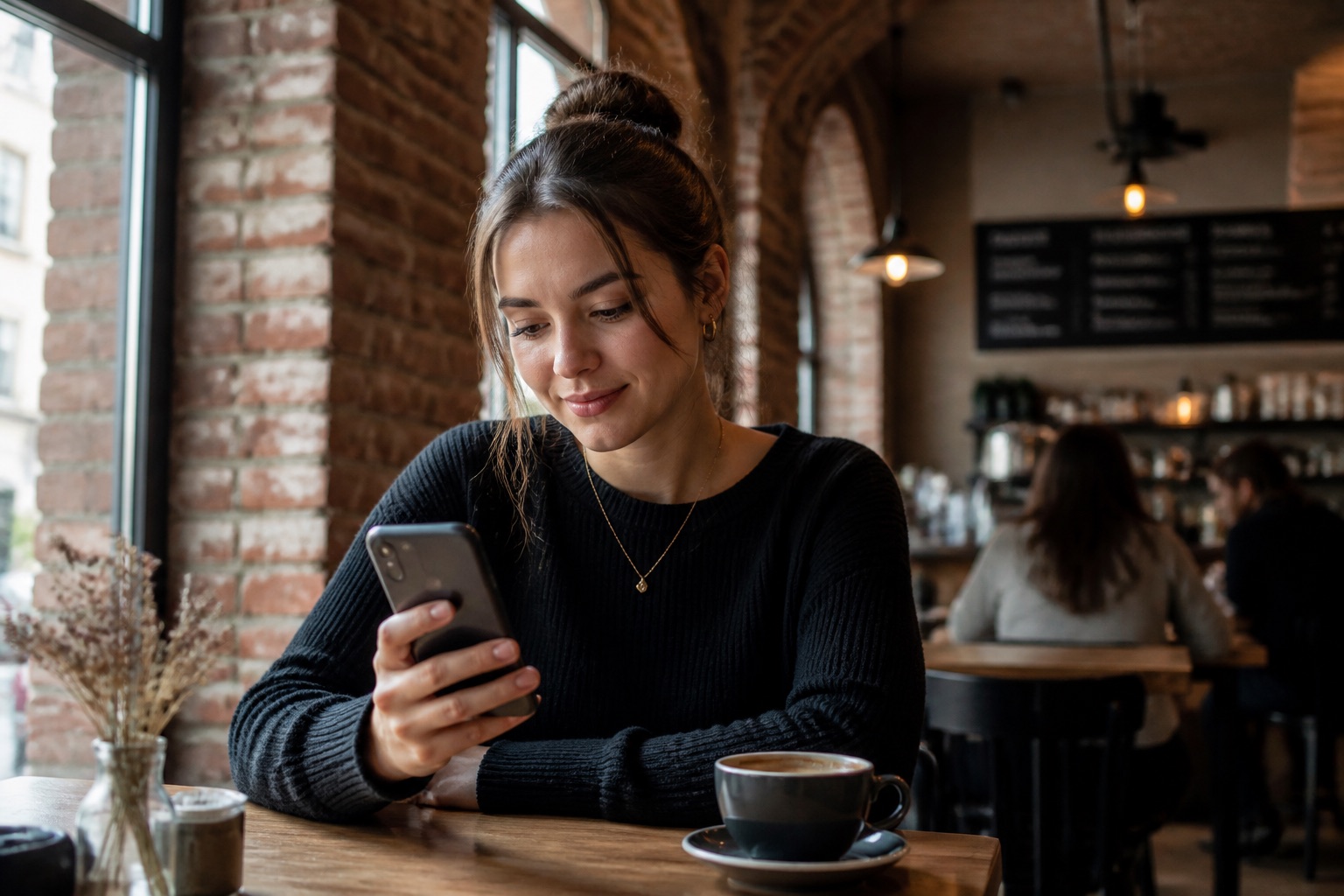 Junge Frau sitzt in einem Café mit Backstein-Architektur und liest konzentriert auf ihrem Smartphone