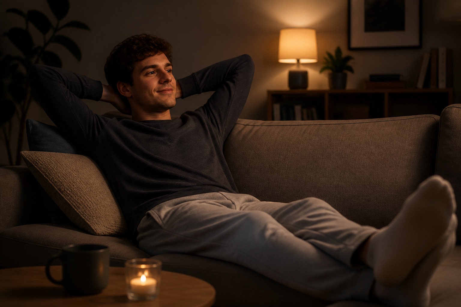 Junger Mann entspannt abends auf dem Sofa, das Smartphone liegt zur Seite gelegt