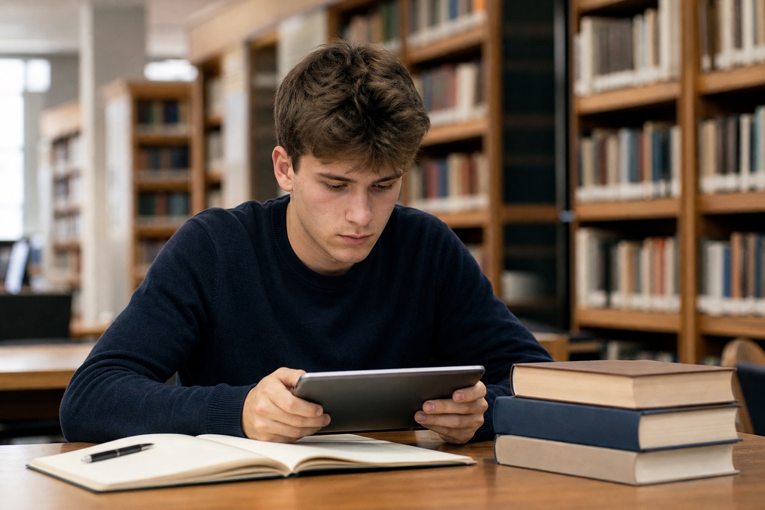 Junger Mann vertieft sich konzentriert in Recherche auf einem Tablet zwischen Bücherregalen