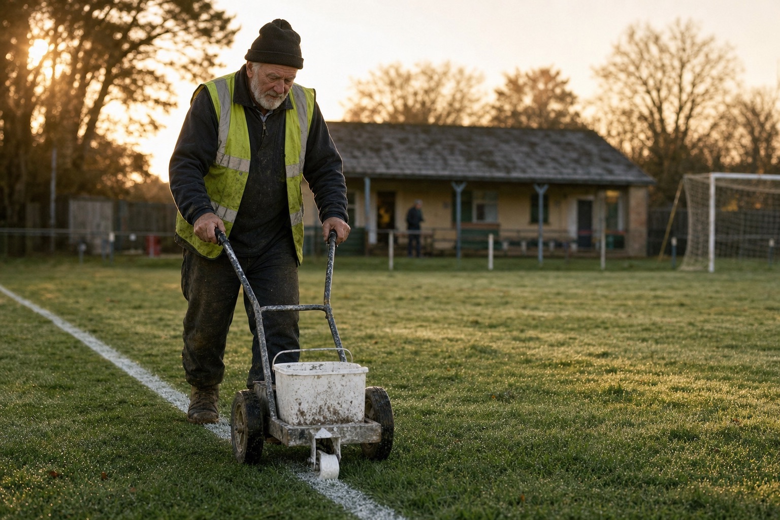 Ehrenamtlicher zieht frühmorgens die Linien auf dem Sportplatz