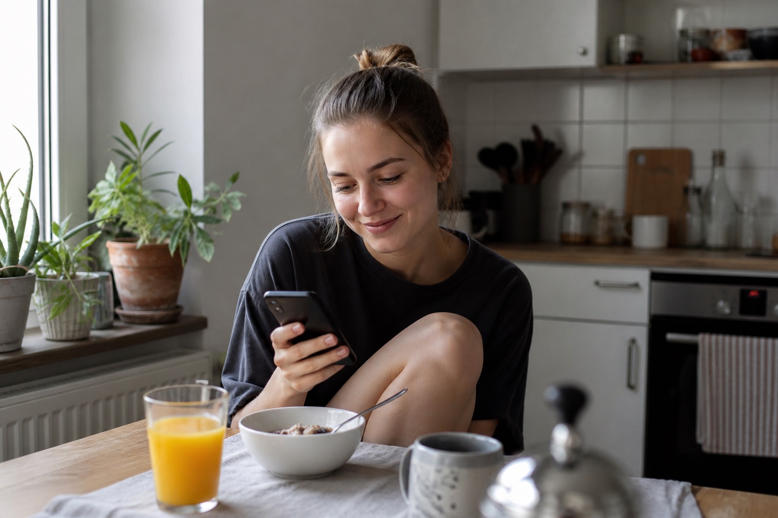 Junge Frau schaut beim Frühstück lächelnd auf ihr Smartphone