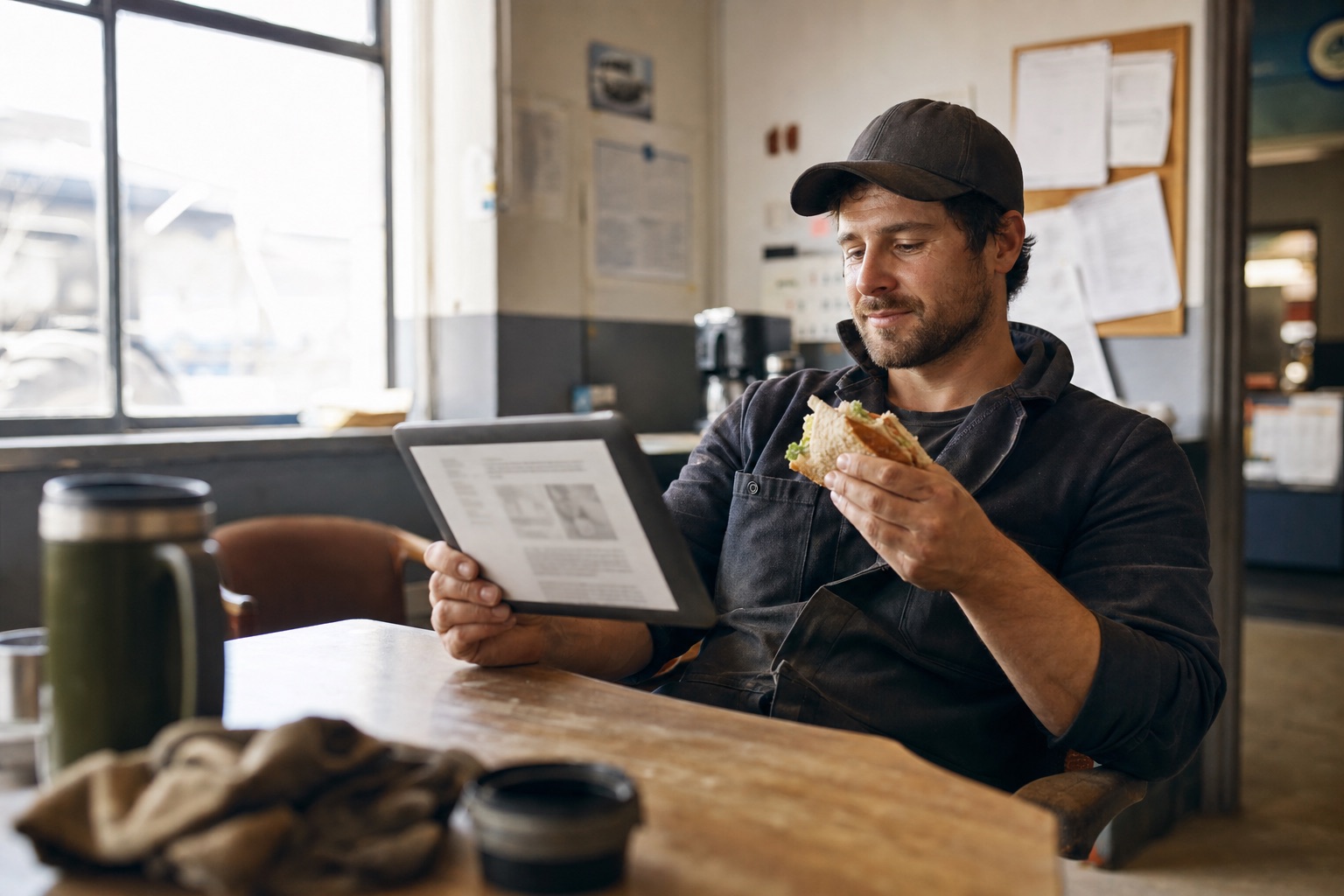 Berufstätiger liest in der Mittagspause das E-Paper auf dem Tablet