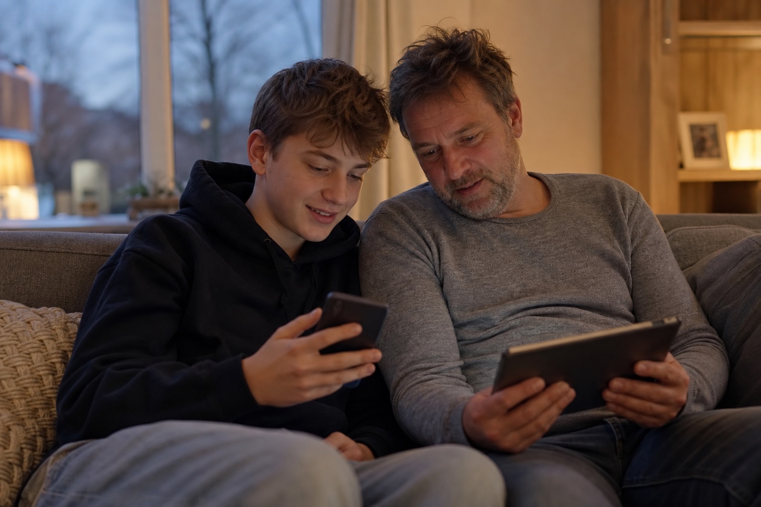 Elternteil und Jugendlicher lesen gemeinsam digital