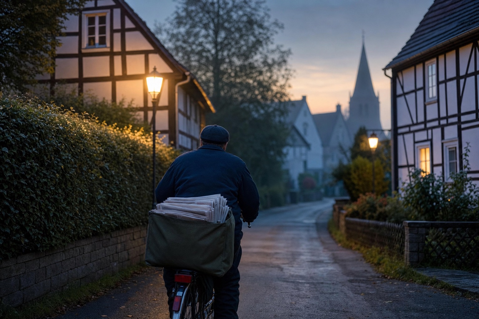Zeitungszusteller mit dem Fahrrad im Morgengrauen in einer Dorfstraße