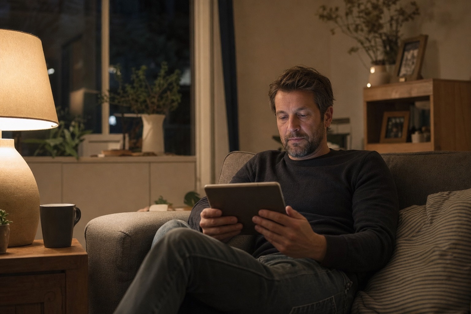Leser mit Tablet am Abend auf dem Sofa