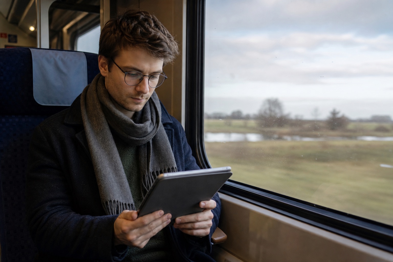 Pendler liest das E-Paper offline im Zug
