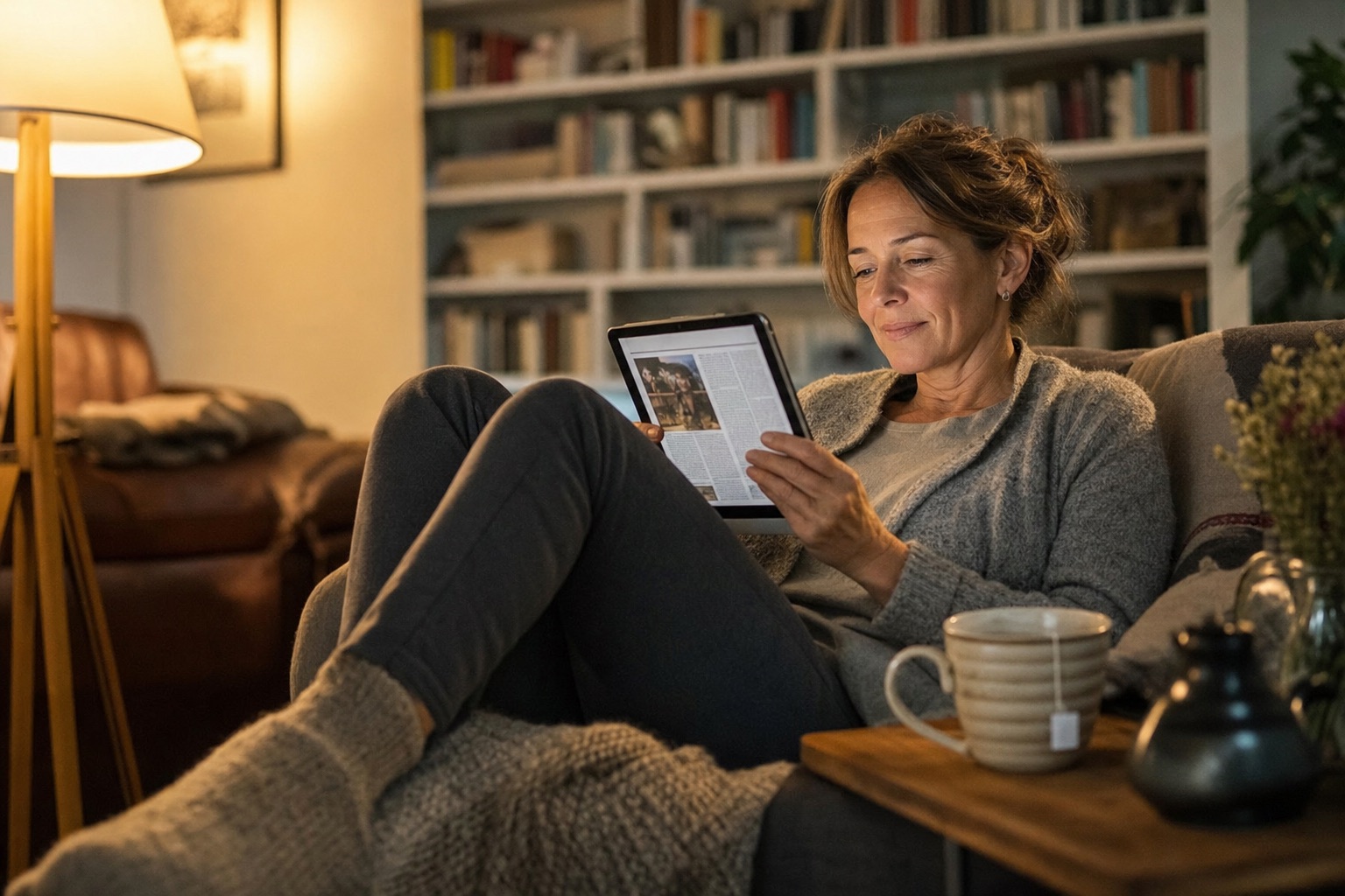 Frau liest abends entspannt auf dem Sofa im Lampenlicht