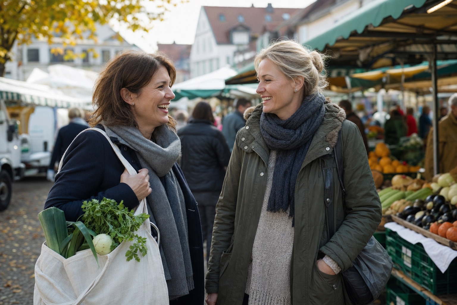 Zwei Frauen unterhalten sich auf dem Wochenmarkt