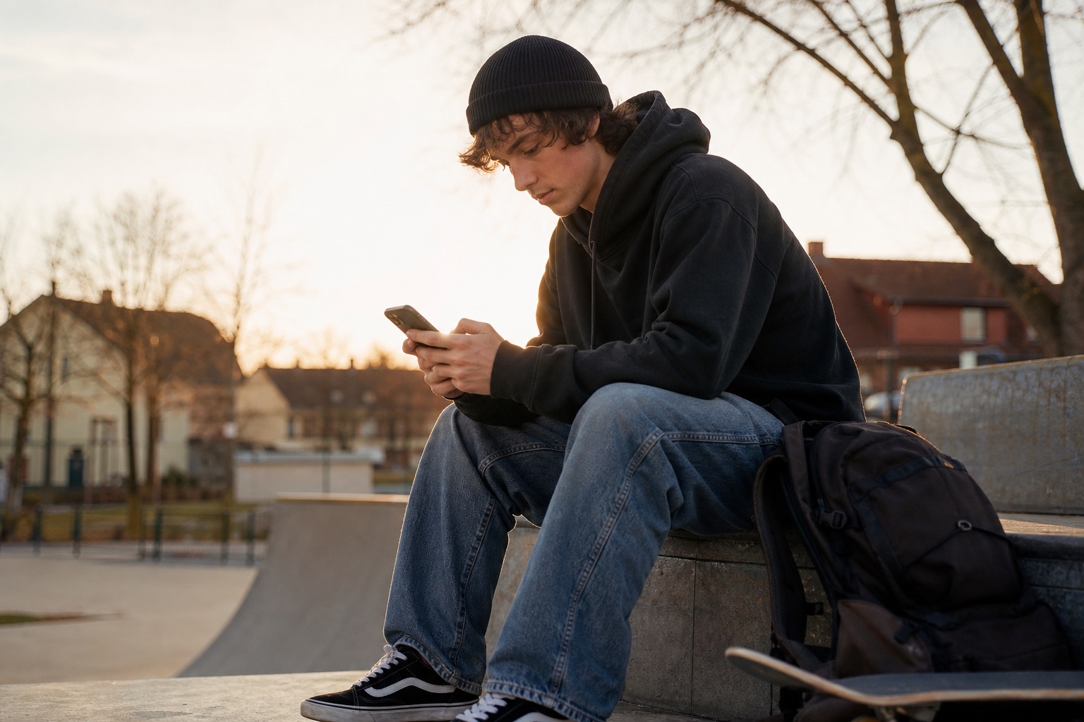 Jugendlicher sitzt entspannt im Skatepark und liest Nachrichten auf dem Smartphone