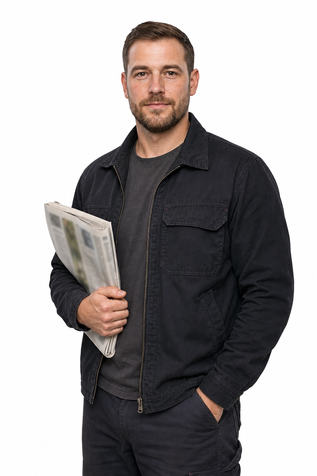 Junger Mann mit Zeitung unter dem Arm blickt selbstbewusst in die Kamera