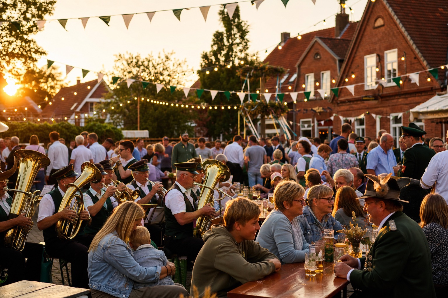 Schützenfest am Abend mit Blaskapelle und Festtafeln unter Lichterketten