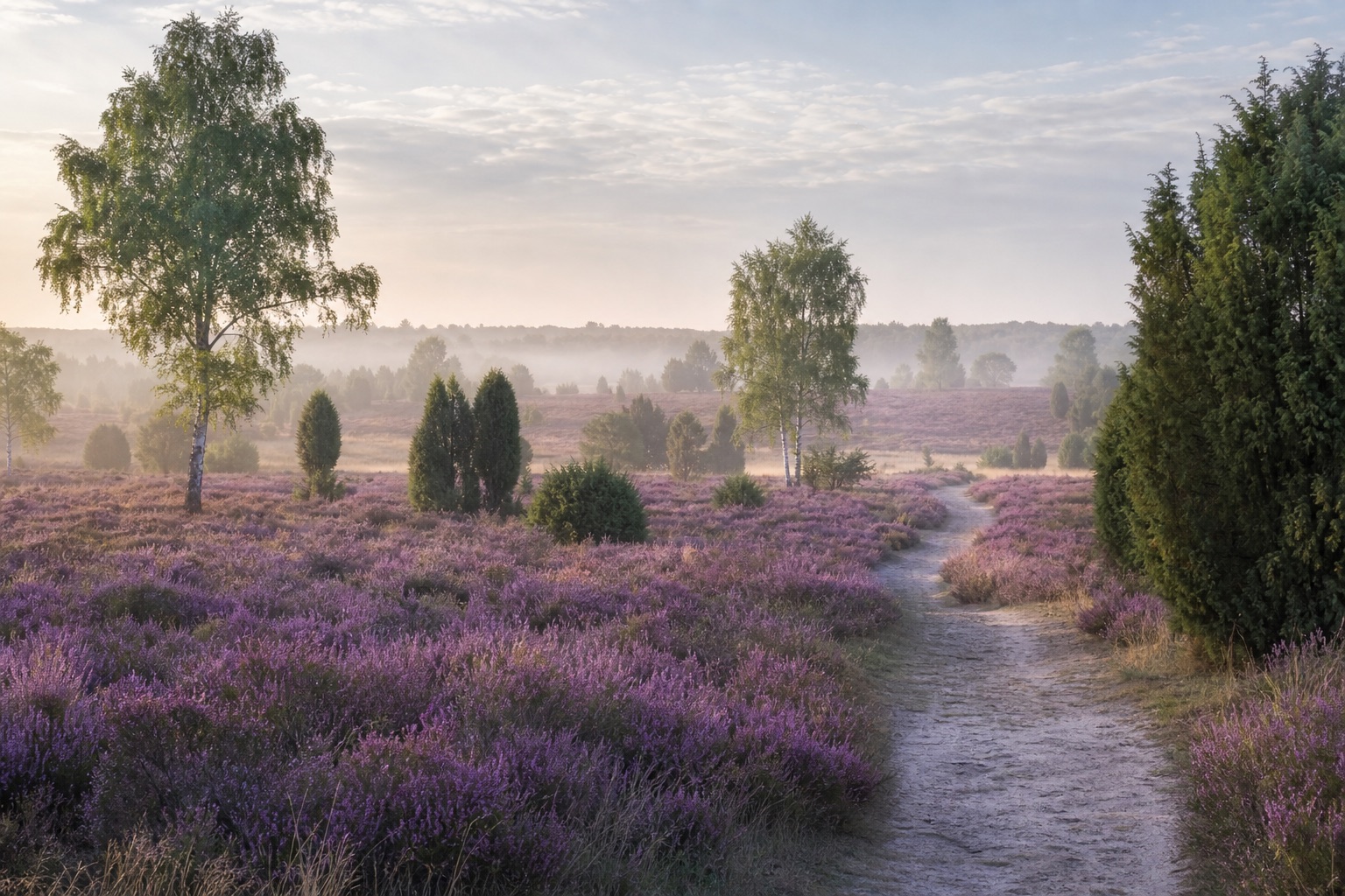 Blühende Lüneburger Heide mit Birken und Wacholder am Morgen