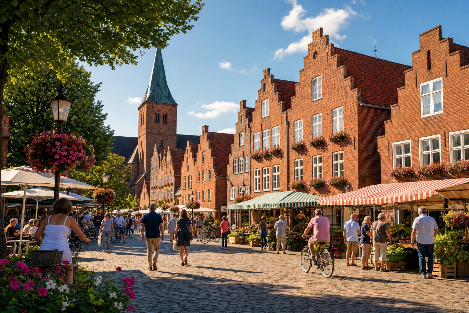 Sommerlicher Marktplatz einer norddeutschen Kleinstadt mit Backsteinhäusern