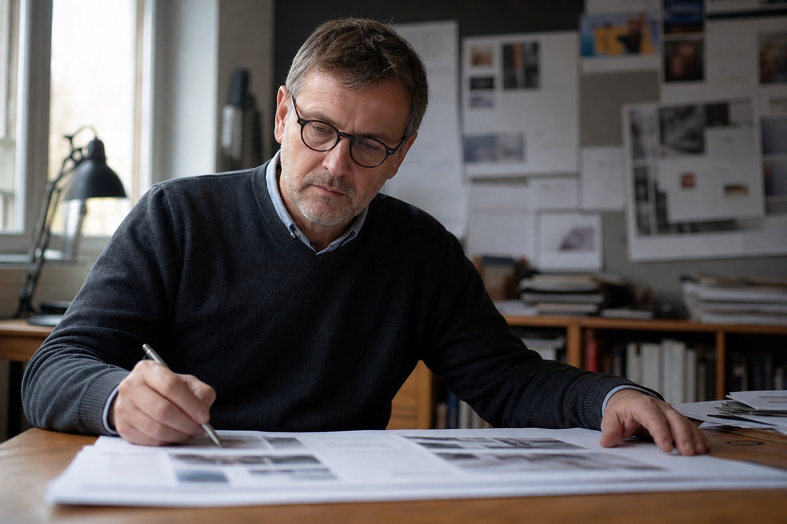 Redakteur prüft Texte am Schreibtisch